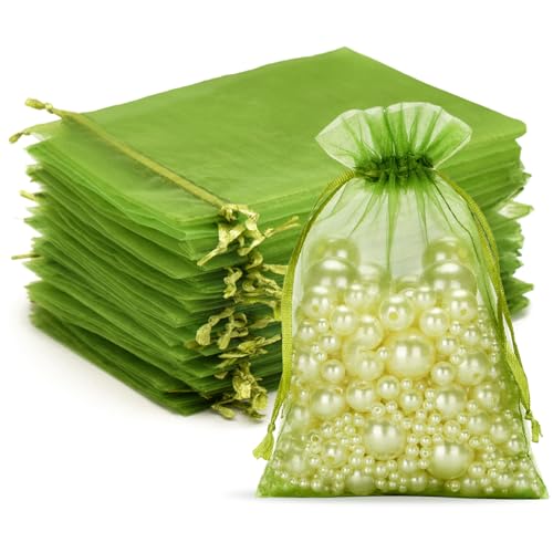 G2PLUS Salbei Grün Organzasäckchen, 10x15cm Geschenk Organzabeutel, 50 Stück Organza-Beutelchen mit Kordelzug Sie als Hochzeit Bonbonsbeutel, Schmuckbeutel, Geschenkbeutel von G2PLUS