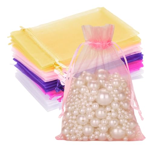 G2PLUS Multicolor Organzasäckchen, 10x15cm Geschenk Organzabeutel, 50 Stück Organza-Beutelchen mit Kordelzug Sie als Hochzeit Bonbonsbeutel, Schmuckbeutel, Geschenkbeutel von G2PLUS