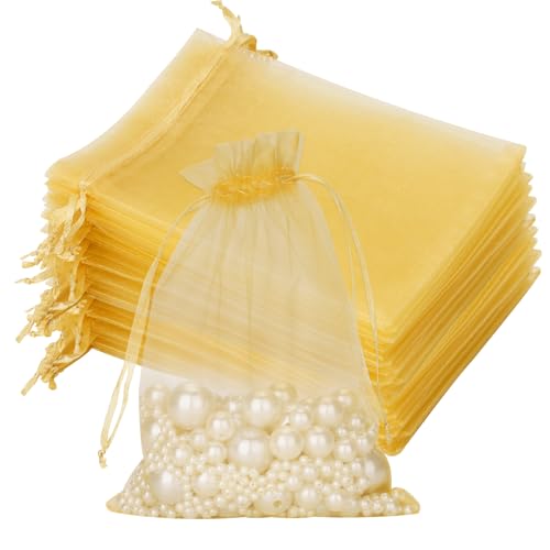 G2PLUS Gold Organzasäckchen Groß, 13x18cm Geschenk Organzabeutel, 50 Stück Organza-Beutelchen mit Kordelzug Sie als Hochzeit Bonbonsbeutel, Schmuckbeutel, Geschenkbeutel von G2PLUS