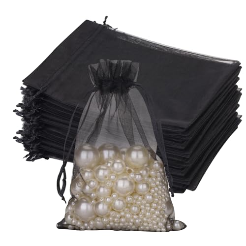 G2PLUS Schwarz Organzasäckchen Groß, 13x18cm Geschenk Organzabeutel, 50 Stück Organza-Beutelchen mit Kordelzug Sie als Hochzeit Bonbonsbeutel, Schmuckbeutel, Geschenkbeutel von G2PLUS