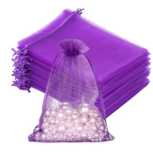 G2PLUS Violett Organzasäckchen Groß, 13x18cm Geschenk Organzabeutel, 50 Stück Organza-Beutelchen mit Kordelzug Sie als Hochzeit Bonbonsbeutel, Schmuckbeutel, Geschenkbeutel von G2PLUS