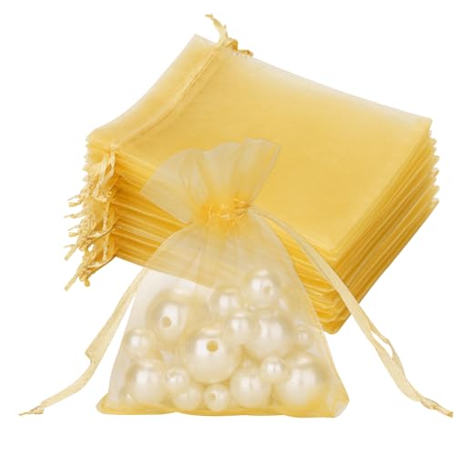 G2PLUS 50 Stück Hochzeit Organzasäckchen- 7x9 CM Groß Geschenk Organzabeutel - Organza-Beutelchen mit Kordelzug Sie als Hochzeit Bonbonsbeutel,Schmuckbeutel-Golden von G2PLUS