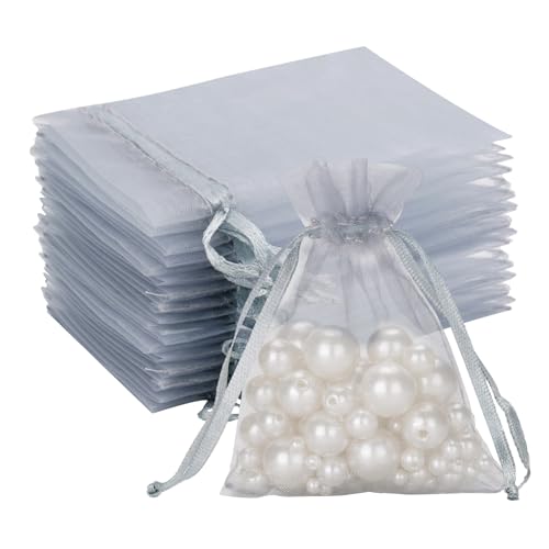 G2PLUS Silbergrau Organzasäckchen, 7x9cm Kleine Geschenk Organzabeutel, 50 Stück Organza-Beutelchen mit Kordelzug Sie als Hochzeit Bonbonsbeutel, Schmuckbeutel, Geschenkbeutel von G2PLUS