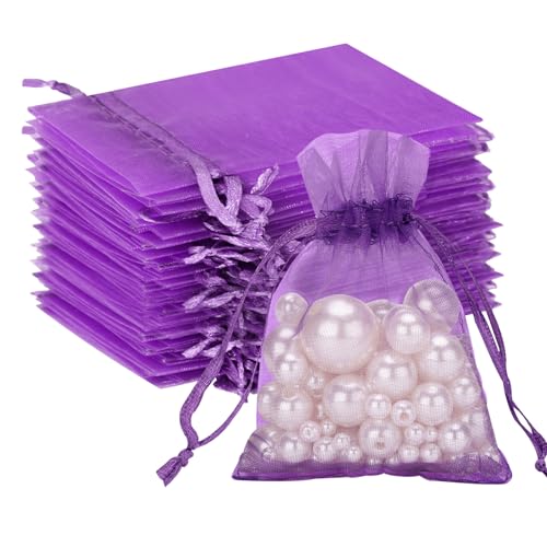 G2PLUS Violett Organzasäckchen, 7x9cm Kleine Geschenk Organzabeutel, 50 Stück Organza-Beutelchen mit Kordelzug Sie als Hochzeit Bonbonsbeutel, Schmuckbeutel, Geschenkbeutel von G2PLUS