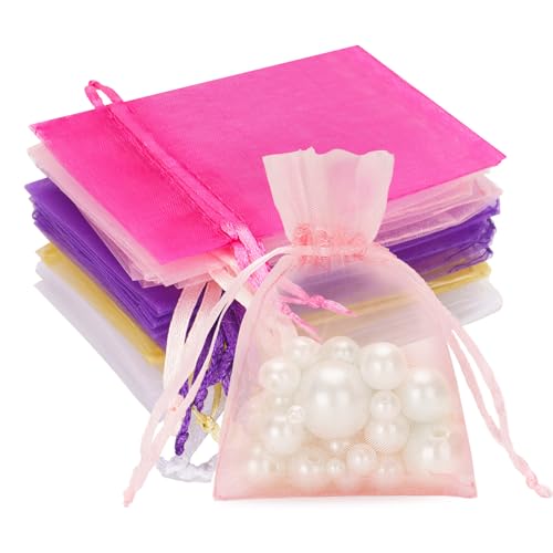 G2PLUS Multicolor Organzasäckchen, 7x9cm Kleine Geschenk Organzabeutel, 50 Stück Organza-Beutelchen mit Kordelzug Sie als Hochzeit Bonbonsbeutel, Schmuckbeutel, Geschenkbeutel von G2PLUS