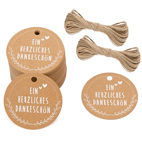 G2PLUS 5CM Runden Geschenkanhänger EIN HERZLICHENS DANK SCHÖN - Etiketten Anhänger Tags 100stk -Papieretiketten Anhänger mit 20M Jute Schnur für Gastgeschenke,Handwerk von G2PLUS