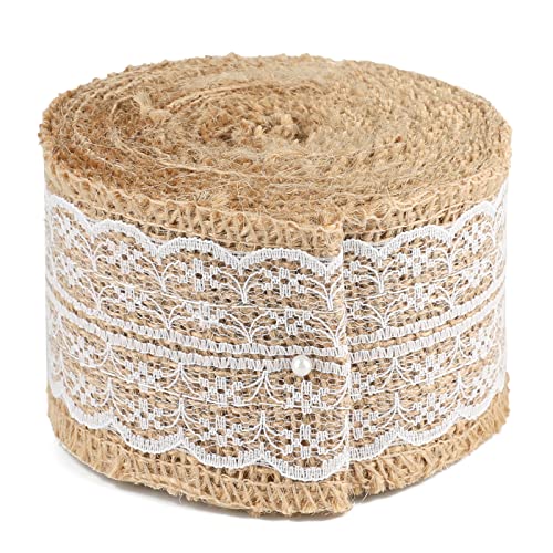 G2PLUS 5M Juteband mit Spitze, 6CM Vintage Basteln Jutebänder, Jute Spitze Dekoband für Hochzeit Geschenke Weihnachten Deko von G2PLUS