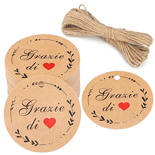 G2PLUS 5x5CM Geschenkanhänger GRAZIE DI Etiketten Anhänger Tags 100stk mit 20M Jute Schnur(Braun) von G2PLUS