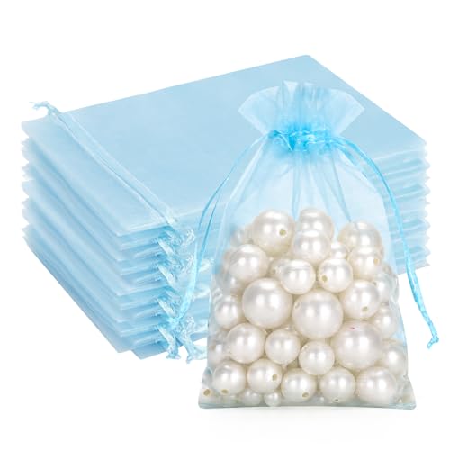G2PLUS Baby Blau Organzasäckchen, 10x15cm Geschenk Organzabeutel, Organza Säckchen, 50 Stück Organza-Beutelchen mit Kordelzug Sie als Hochzeit Bonbonsbeutel,Schmuckbeutel von G2PLUS