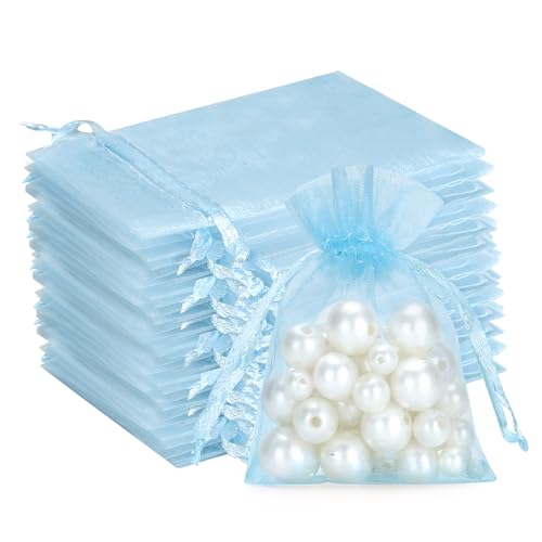 G2PLUS Baby Blau Organzasäckchen Klein, 7x9cm Klein Geschenk Organzabeutel, Organza Säckchen, 100 Stück Organza-Beutelchen mit Kordelzug Sie als Hochzeit Bonbonsbeutel,Schmuckbeutel von G2PLUS
