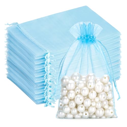 G2PLUS Babyblau Organzasäckchen Groß,13x18cm Geschenk Organzabeutel, Organza Säckchen, 100 Stück Organza-Beutelchen mit Kordelzug Sie als Hochzeit Bonbonsbeutel,Schmuckbeutel von G2PLUS
