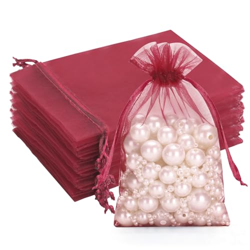 G2PLUS Burgunderrot Organzasäckchen, 10x15cm Geschenk Organzabeutel, Organza Säckchen, 50 Stück Organza-Beutelchen mit Kordelzug Sie als Hochzeit Bonbonsbeutel,Schmuckbeutel von G2PLUS