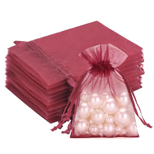 G2PLUS Burgunderrot Organzasäckchen Klein, 7x9cm Geschenk Organzabeutel, Organza Säckchen, 50 Stück Organza-Beutelchen mit Kordelzug Sie als Hochzeit Bonbonsbeutel,Schmuckbeutel von G2PLUS