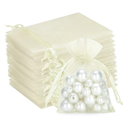 G2PLUS Creme Organzasäckchen 7x9cm: 100 Stück Kleine Geschenk Organzabeutel, Organza-Beutelchen mit Kordelzug Sie als Hochzeit Bonbonsbeutel, Schmuckbeutel, Geschenkbeutel von G2PLUS