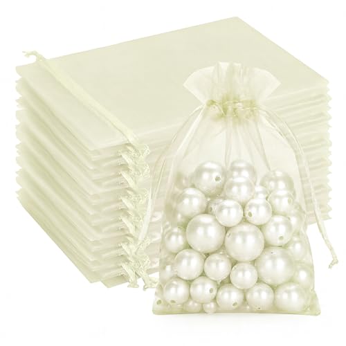 G2PLUS Creme Organzasäckchen10x15cm: 100 Stück Geschenk Organzabeutel, Organza-Beutelchen mit Kordelzug Sie als Hochzeit Bonbonsbeutel, Schmuckbeutel, Geschenkbeutel von G2PLUS