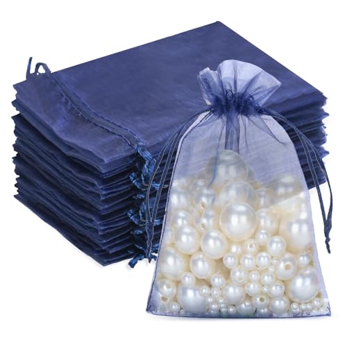 G2PLUS Dunkelblau Organzasäckchen, 10x15cm Geschenk Organzabeutel, 50 Stück Organza-Beutelchen mit Kordelzug Sie als Hochzeit Bonbonsbeutel, Schmuckbeutel, Geschenkbeutel von G2PLUS