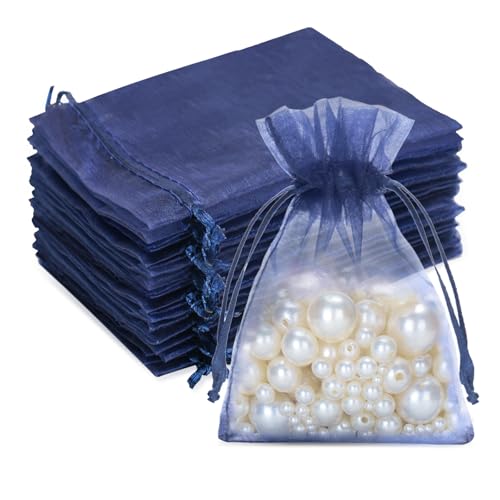 G2PLUS Dunkelblau Organzasäckchen, 7x9cm Kleine Geschenk Organzabeutel, 50 Stück Organza-Beutelchen mit Kordelzug Sie als Hochzeit Bonbonsbeutel, Schmuckbeutel, Geschenkbeutel von G2PLUS