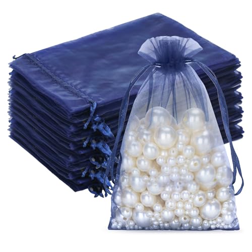 G2PLUS Dunkelblau Organzasäckchen Groß, 13x18cm Geschenk Organzabeutel, 50 Stück Organza-Beutelchen mit Kordelzug Sie als Hochzeit Bonbonsbeutel, Schmuckbeutel, Geschenkbeutel von G2PLUS
