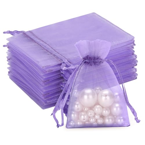 G2PLUS Flieder Organzasäckchen, 7x9cm Geschenk Organzabeutel, 100 Stück Organza-Beutelchen mit Kordelzug Sie als Hochzeit Bonbonsbeutel, Schmuckbeutel, Geschenkbeutel von G2PLUS
