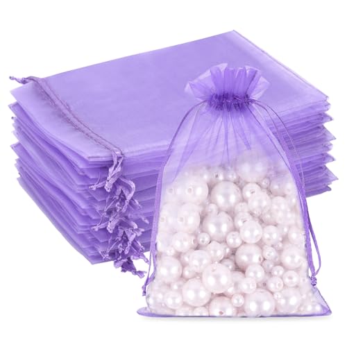 G2PLUS Flieder Organzasäckchen Groß,13x18cm Geschenk Organzabeutel, Organza Säckchen, 50 Stück Organza-Beutelchen mit Kordelzug Sie als Hochzeit Bonbonsbeutel,Schmuckbeutel von G2PLUS