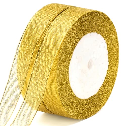 G2PLUS Gold Geschenkband,44M Gold Organzaband Organza Geschenkband,Weihnachten Satinband 2CM Breit Schleifenband Dekoband zum Weihnachten Geschenk Verpackung Hochzeit von G2PLUS