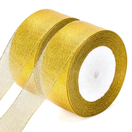 G2PLUS Gold Geschenkband Weihnachten, 40mm Organza Schleifenband Weihnachten, Breit Geschenkbänder Weihnachten, 44M Glitzer Dekoband zum Weihnachten Geschenk Verpackung von G2PLUS