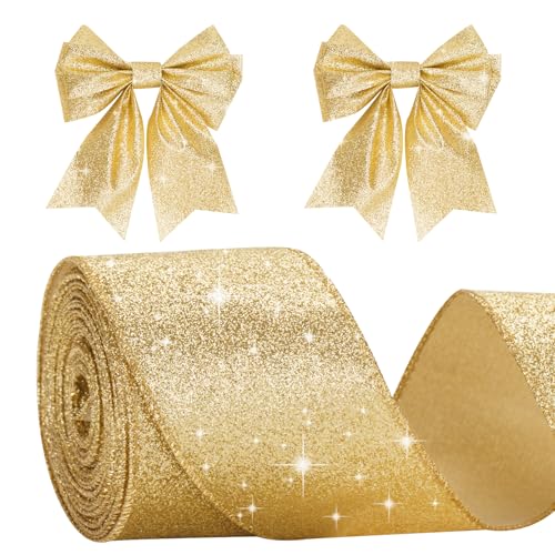 G2PLUS Gold Schleifenband mit Draht, 6CM Breite Geschenkband Glitzer, 10M Weihnachten Drahtkantenband, Gold Weihnachten Schleifenband mit Glitzer für Geschenkverpackung, Weihnachtsbäumen Deko G2PLUS Gold Schleifenband mit Draht, 6CM Breite Geschenkband Glitzer, 10M Weihnachten Drahtkantenband, Gold Weihnachten Schleifenband mit Glitzer für Geschenkverpackung, Weihnachtsbäumen Deko von G2PLUS