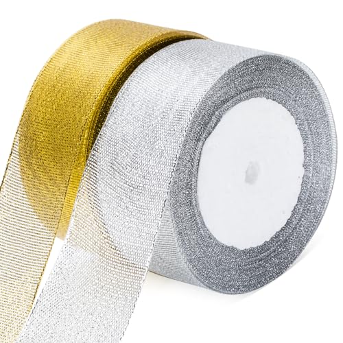 G2PLUS Gold und Silber Geschenkband,44M Organza Geschenkband,Weihnachten Satinband 4CM Breit Schleifenband Dekoband zum Weihnachten Geschenk Verpackung Hochzeit von G2PLUS