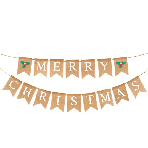 G2PLUS Leinen Merry Christmas Girlande, Weihnachtsdeko Girlande Buchstaben, Weihnachten Wimpelkette mit Stechpalme zum Weihnachtsdeko von G2PLUS