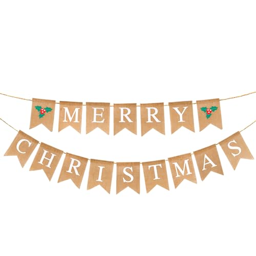 G2PLUS Leinen Weihnachten Wimpel-Wimpelkette Weihnachten,Frohe Weihnachten Jute Wimpelkette,Merry Christmas Girlande Banner mit 16 Wimpeln,für Zuhause Weihnachtsdekoration（Weiße Schriftart） von G2PLUS