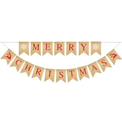 G2PLUS Leinen Weihnachten Wimpel-Wimpelkette Weihnachten,Frohe Weihnachten Jute Wimpelkette,Merry Christmas Girlande Banner mit 18 Wimpeln,für Zuhause Weihnachtsdekoration von G2PLUS