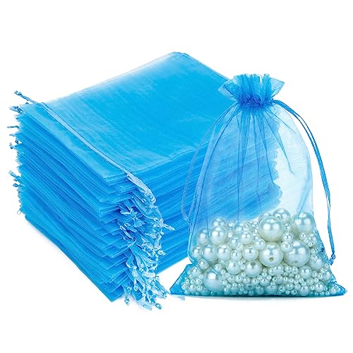 G2PLUS 100 Stück Blau Organzasäckchen, 10x15 CM Geschenk Organzabeutel, Hochzeit Organza-Beutelchen mit Kordelzug Sie als Hochzeit Bonbonsbeutel, Schmuckbeutel, Geschenkbeutel von G2PLUS