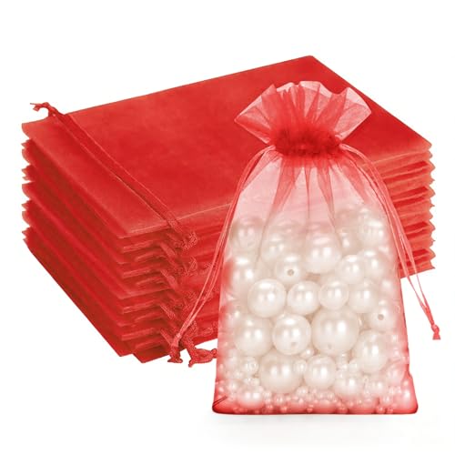 G2PLUS Rot Organzasäckchen10x15cm: 50 Stück Geschenk Organzabeutel, Organza-Beutelchen mit Kordelzug Sie als Hochzeit Bonbonsbeutel, Schmuckbeutel, Geschenkbeutel von G2PLUS