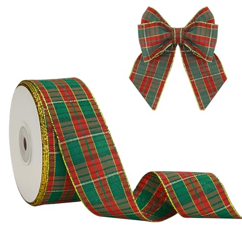 G2PLUS Rot und Grün Geschenkband 40mm, Breit Weihnachten Karoband mit Goldkante, 22m Plaid Weihnachten Bänder für Geschenke, Dekoband zum Weihnachtskränze, Weihnachtsbaum Deko von G2PLUS