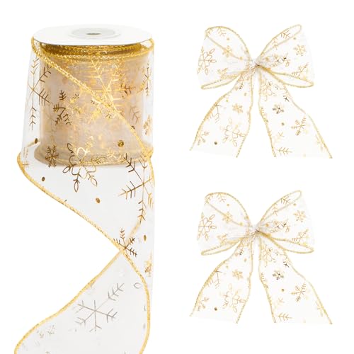 G2PLUS Schneeflocke Organzaband Mit Draht, 6cm Gold Dekoband, 10M Glitter Organza Geschenkband, Breite Weihnachten Band für Weihnachtsbaum, Geschenk Verpackung G2PLUS Schneeflocke Organzaband Mit Draht, 6cm Gold Dekoband, 10M Glitter Organza Geschenkband, Breite Weihnachten Band für Weihnachtsbaum, Geschenk Verpackung von G2PLUS