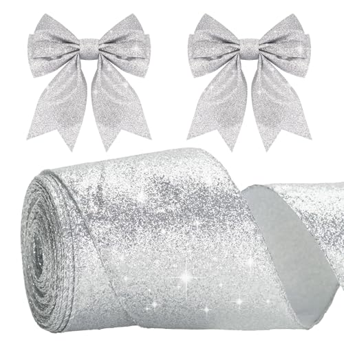 G2PLUS Silber Schleifenband mit Draht, 6CM Breite Geschenkband Glitzer, 10M Weihnachten Drahtkantenband, Silber Weihnachten Schleifenband mit Glitzer für Geschenkverpackung, Weihnachtsbäumen Deko G2PLUS Silber Schleifenband mit Draht, 6CM Breite Geschenkband Glitzer, 10M Weihnachten Drahtkantenband, Silber Weihnachten Schleifenband mit Glitzer für Geschenkverpackung, Weihnachtsbäumen Deko von G2PLUS