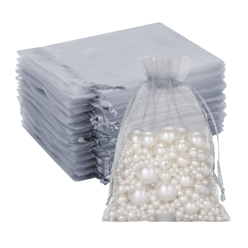 G2PLUS Silbergrau Organzasäckchen, 10x12cm Geschenk Organzabeutel, 50 Stück Organza-Beutelchen mit Kordelzug Sie als Hochzeit Bonbonsbeutel, Schmuckbeutel, Geschenkbeutel von G2PLUS