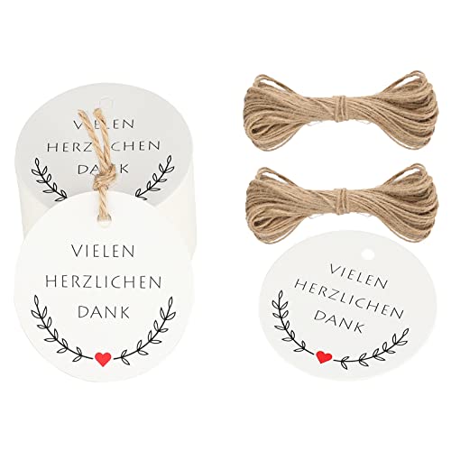 G2PLUS VIELEN HERZLICHEN DANK Geschenkanhänger, 5CM Dankeschön Geschenke Anhänger, Runden Danke Karten Anhänger für Gastgeschenke, 100stk Weiß Etiketten Anhänger mit Schnur für Dankeschön Geschenke von G2PLUS