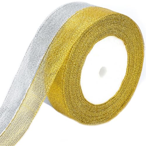 G2PLUS Gold und Silber Organzaband,44M Organza Geschenkband,Weihnachten Satinband 2CM Breit Schleifenband Dekoband zum Weihnachten Geschenk Verpackung Hochzeit von G2PLUS