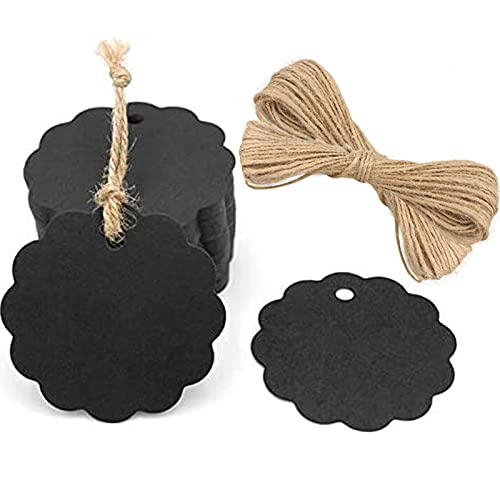 G2PLUS 6CM Rund Kraftpapier Anhänger, 100Stk. Schwarz Etiketten Tags, 300g/m² Geschenkanhänger Anhänger Etiketten mit Schnur für Geschenkverpackungen und Kunsthandwerk von G2PLUS