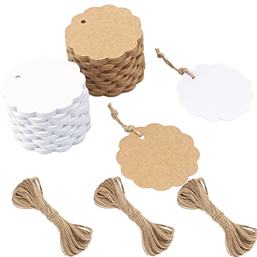 G2PLUS 6CM Rund Kraftpapier Anhänger, 200Stk. Weiß und Braun Etiketten Tags, 300g/m² Geschenkanhänger Anhänger Etiketten mit Schnur für Geschenkverpackungen und Kunsthandwerk von G2PLUS
