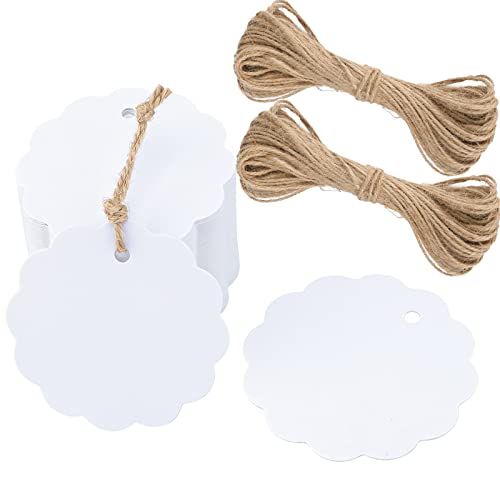 G2PLUS 6CM Rund Kraftpapier Anhänger, 100Stk. Weiß Etiketten Tags, 300g/m² Geschenkanhänger Anhänger Etiketten mit Schnur für Geschenkverpackungen und Kunsthandwerk von G2PLUS