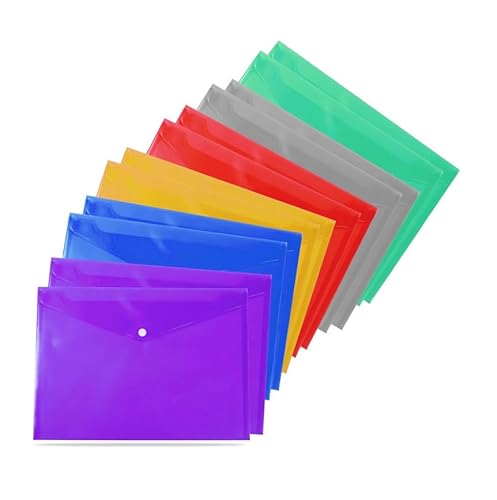 50 Dokumententaschen aus Kunststoff, A4/Foolscap-Format, transparent, mit Druckknopf, verschiedene Farben von G4GADGET