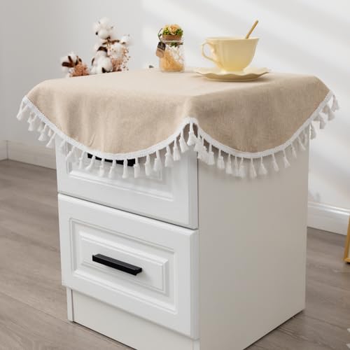 G4ZS5Z0G1 Kleine quadratische Tischdecke, einfarbig, elfenbeinfarben, Stoffquasten, rustikales Bauernhaus, dekorativ, waschbar, Tischdecke für Küche, Esszimmer, Party (Beige, rund 61 cm) von G4ZS5Z0G1