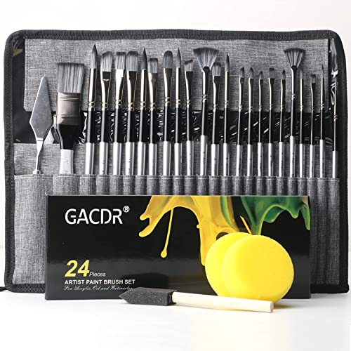 GACDR Acryl Pinsel Set, 24 Stücke Pinselset für Acrylfarben mit Tuch Roll Fall und 2 Schwämme, Paint Brush Aquarellpinsel, Gouache Pinsel, Ölmalerei-Pinsel von GACDR