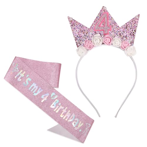 GADITIEK Geburtstagskrone, Geburtstagskrone Kinder, Geburtstag Kronen Mädchen Stirnband für 3/4/5/6 Jahre, Geburtstagsgirlande Kinder mit Rosa Schleife Schulterriemen (4 Jahre) von GADITIEK