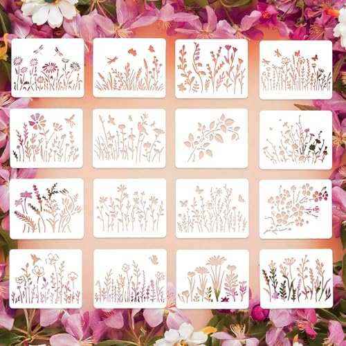 Malerei Schablonen Set, Wiederverwendbare Zeichen Kleine Schablone zum Malen, Schablonen Textilgestaltung, Schablonen Stencil für DIY Handwerk, Wandgestaltung, Scrapbook (Pflanzen Blumen 16 Stück) von GADITIEK