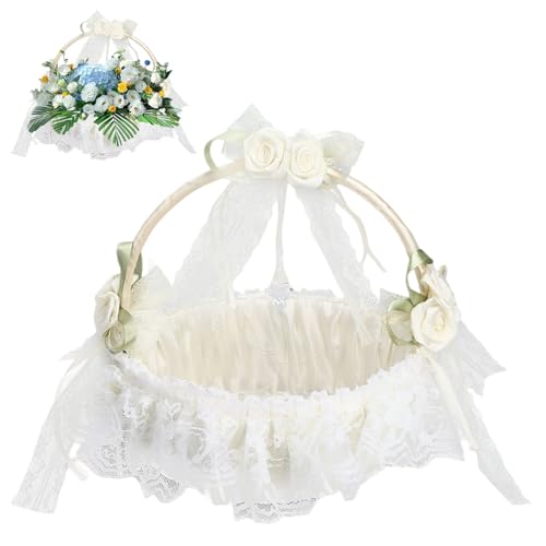 GAESHOW Weißer Blumenkorb für Hochzeit, Blumenkorb für Hochzeit, Blumenkorb aus Satin, Blumenmädchenkörbe für Hochzeiten von GAESHOW