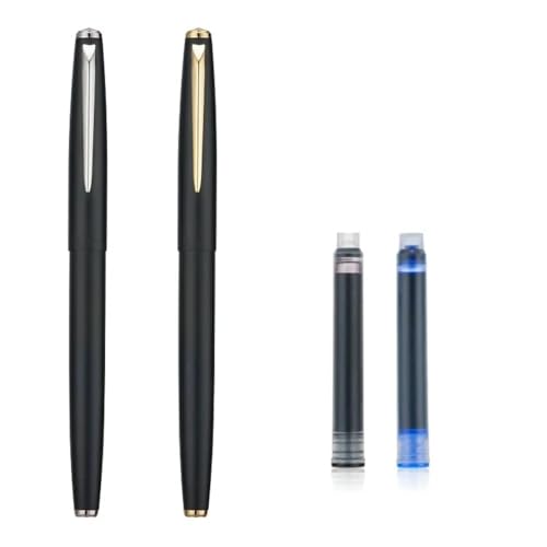 GAFNED Füllfederhalter-Set, mattschwarz, silberfarben/goldfarben, 2 Stück, feine Spitze mit einzigartiger gebogener Spitze, Premium-Tintenstifte (2 Stück, schwarz, 0,38 mm gebogene Spitze) von GAFNED