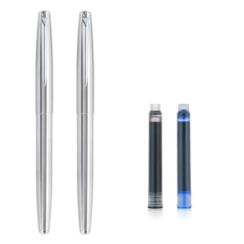 GAFNED Füllfederhalter-Set – Mattschwarz, silberfarben/goldfarbener Clip, feine Spitze mit einzigartiger gebogener Spitze, Premium-Tintenstifte (2 Stück, Silber, 0,38 mm gebogene Spitze) von GAFNED